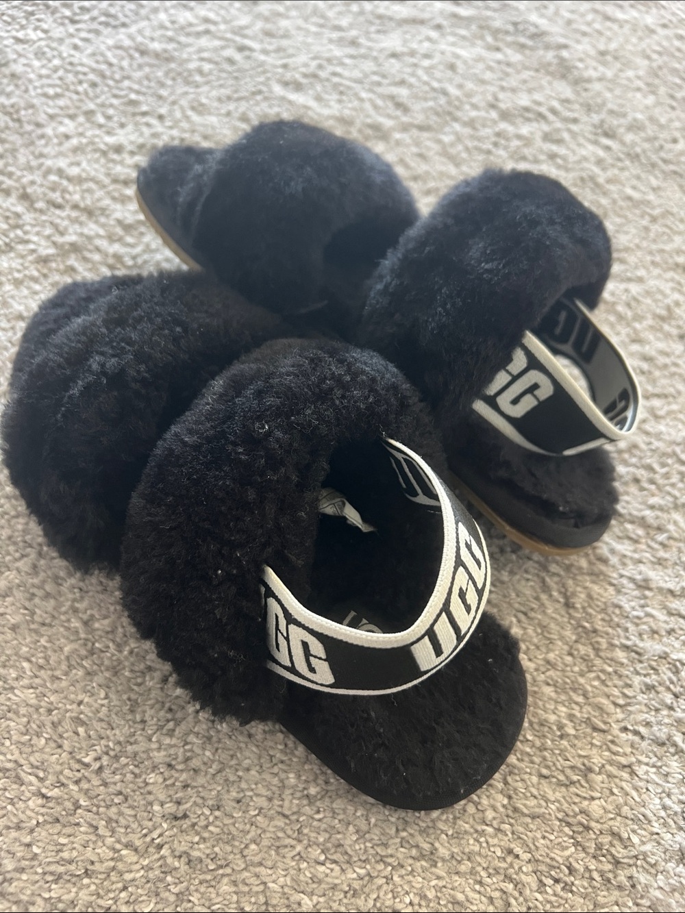 UGG Black Fuzzy Shearling Double-Band Slide Sandals with Branded Heel Strap